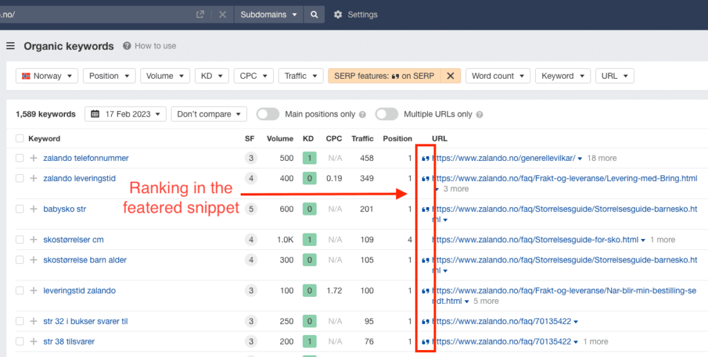 Ahrefs ranking for a featured snippet