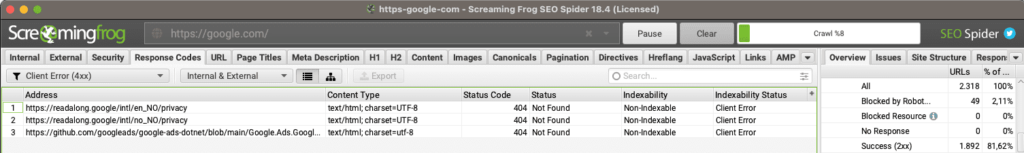 Google screaming frog